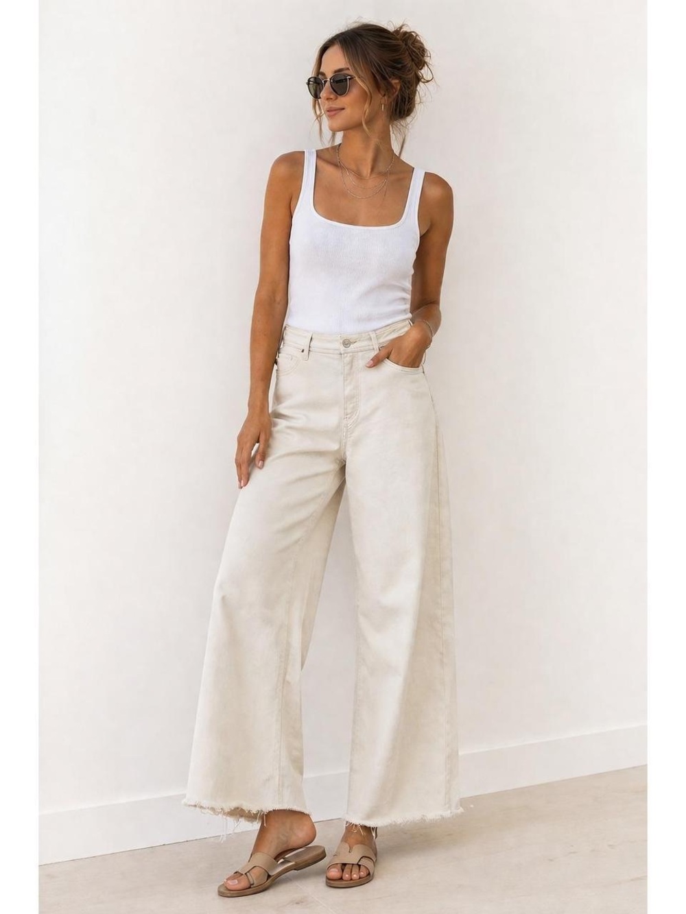OAT New York Cream High Rise Wide Leg Raw Hem Pants, Size 10/30